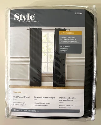 NEW Style Selections Walker 40"x 63" Black Energy Saving Blackout Curtain Panel! - Image 1 of 3
