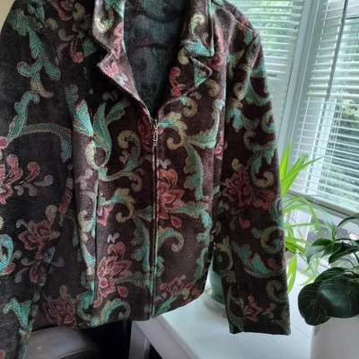 Sophisticated Floral Paisley Brown Turquoise Tapestry Zip Jacket Size XL Office - Image 1 of 4