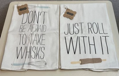 NEW MUD PIE 2 WHITE FUNNY NOVELTY TAKE WHISKS ROLL WITH IT KITCHEN TEA TOWELS - Image 1 of 2