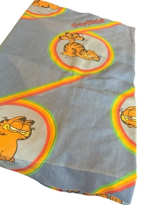 Vintage 1978 Garfield Twin Bed Flat Sheet Rainbow Striped Craft Fabric Panel Jim - Image 1 of 2