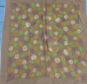 Vintage Brown Silk Scarf with Squiggly Green & Tan Circles 29 x 30 - Picture 1 of 2