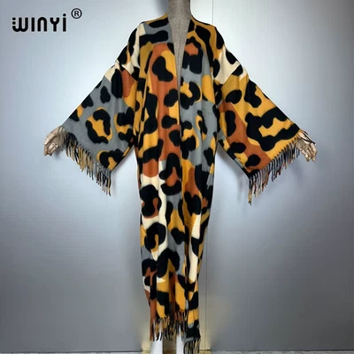 Otoño Mujeres Borla Kimono Estampado Leopardo Abrigo Largo Suelto Solapa Bata Mujer Gruesa  Foto 1 de 4