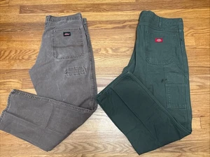 2 Pair Dickies Pants Mens 38x32 Canvas Relaxed Fit Carpenter - Green & Brown - Picture 1 of 11