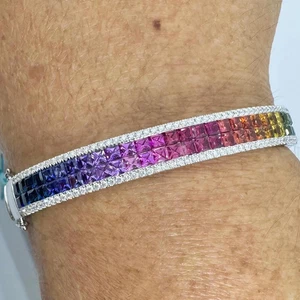 23Ct Princess Cut Lab-Created Multicolor Bangle Bracelet 14K White Gold Plated - Picture 1 of 7