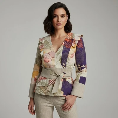 Blazer Anthropologie Estampado Floral Envolvente Volantes Borde Corbata Cintura Boho Talla 2 Foto 1 de 4
