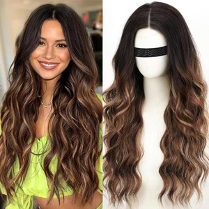 Long Brown Highlight Wavy Wig 4x1 Lace Natural Hairline Middle Part Curly Hea... - Picture 1 of 8