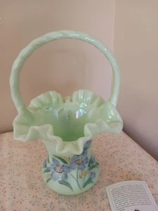 Fenton Burmese Satin Sea Green Floral Hand Painted Art Glass Basket Signed - Picture 1 of 15