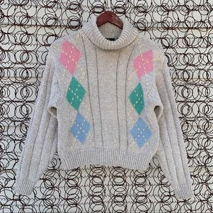 Vintage 90s pastel argyle turtleneck crop sweater cottagecore gorpcore SMALL - Picture 1 of 4