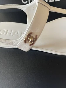 NIB CHANEL Slingback Thong Sandals White Leather Turn Lock CC Logo EU 39.5 US 9 - Picture 1 of 9