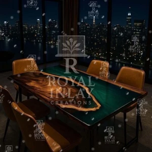 Handmade Live Edge Wood & Green Resin Dining Table | Rectangular Epoxy Table - Picture 1 of 12