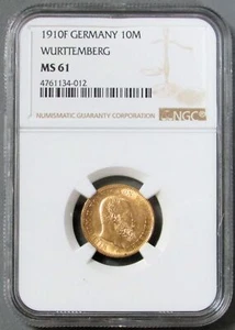 1910 F GOLD WURTTEMBERG GERMANY 10 MARK WILHELM II COIN NGC MS 61 - Picture 1 of 3