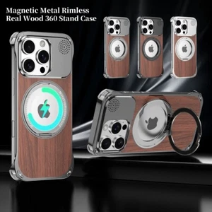 Custodia supporto 360 metallo magnetico senza bordo vero legno per iPhone 16 15 14 Pro Max / 16 - Foto 1 di 30