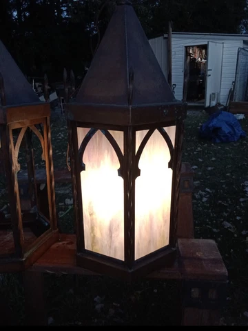 2 Vintage 1930's Hanging Copper Lights W/Beautiful Stained Glass Cover
