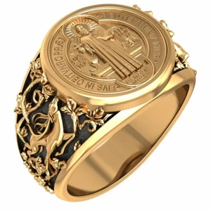 Catholic Signet St Saint Benedict Medal Ring Brass Jewelry Size 6-15 - Picture 1 of 8