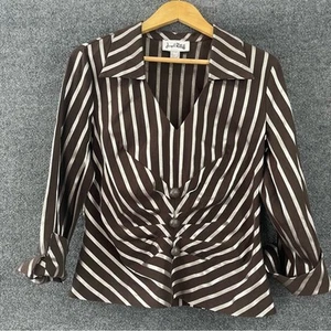 JOSEPH RIBKOFF Womens Blouse Size 14 Brown Silver Stripe V Neck Side Zip Office - Picture 1 of 8