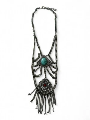 Collar Boho Bohemio Cadena Plata Azul Turquesa y Rojo Piedras Ajustable Foto 1 de 3