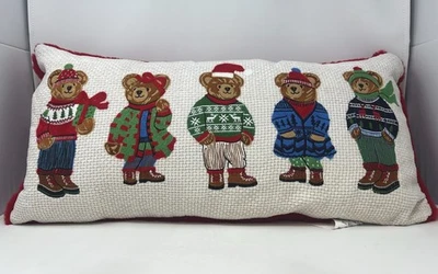Ralph Lauren Inspired Christmas Bear Pillow Embroidered Red Trim 14 x 28 Novelty - Image 1 of 3