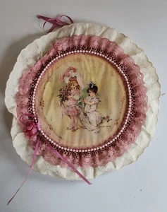 Vintage Pink White Lace Round 8" Hanging Decor M. Humphrey Art Print Girls Dress - Picture 1 of 3