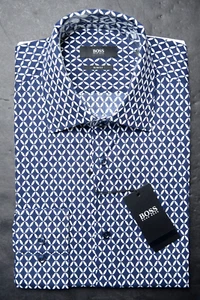 Hecho en Italia HUGO BOSS Hombre Jango Ajustado Azul Marino Algodón Camisa 38 15 - Imagen 1 de 8