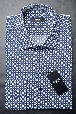 Camicia Da Uomo Slim Fit Navy In Cotone Hugo Boss Made In Italy 38 15 - Immagine 1 di 4