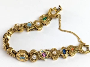 Goldette Slide Bracelet 14 Jeweled Charms Vintage 1960s Victorian Revival Signed - Picture 1 of 10