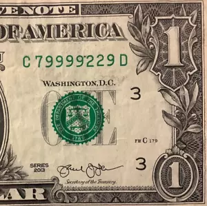 ⭐️Five of A Kind 9s Trinary ☆ 79999229 ☆ ONE Dollar BILL Fancy Serial Number - Bild 1 von 5