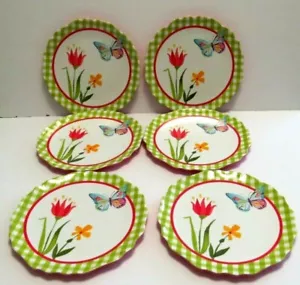 Spring Melamine Plates 6pc Floral Butterfly Garden Scalloped 9” Camp Outdoor - Picture 1 of 6