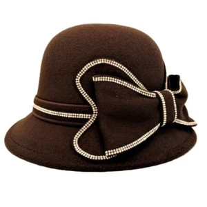 LALA AUSTRALIA Brown Felt Hat with Diamante Trim. Adjustable Size. New. RRP $81 - Picture 1 of 4