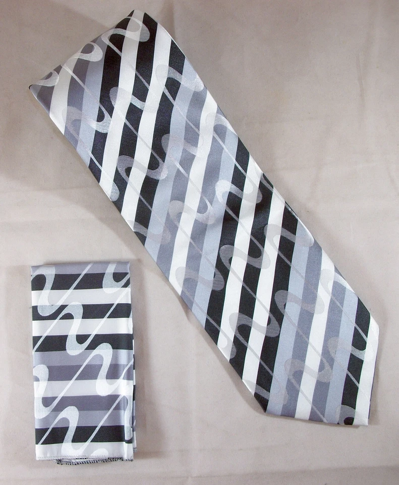 Corbata de cuello a rayas y remolinos blancos y negros con cuadrado de bolsillo 57" de largo x 4" de ancho (E476) Foto 1 de 4