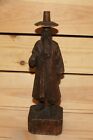 Vintage Asian hand carving wood statuette old man with hat