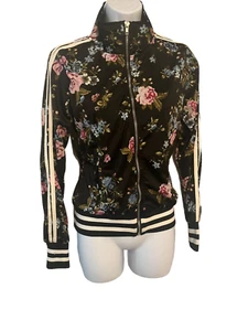 Rue 21 Black Floral Bomber Jacket w/ Mock Neck & Sleeve Stripes Sz XS - Picture 1 of 11