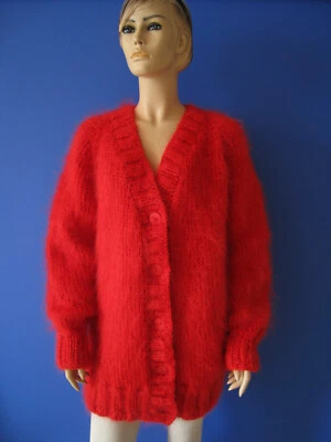 Nuevo Cárdigan Tejido a Mano Rojo Esponjoso MOHAIR Talla XL Foto 1 de 4