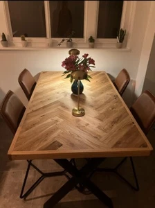 Solid Oak Handmade Parquet Dining Table or Desk and Industrial Style Legs Chevro - Picture 1 of 8