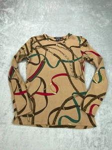 Lauren Ralph Lauren Tee Women's PS Brown Belting Print Cotton Slim Fit Crew Neck - Picture 1 of 9