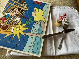 PINOCCHIO LOT By Disney Puzzle, Silver Plate Child’s Fork& Knife, Wooden Solider - Picture 1 of 12