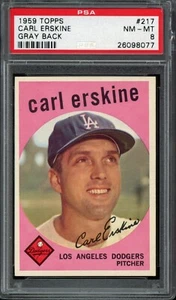 1959 Topps Gray Back #217 Carl Erskine PSA 8 NM-MT Dodgers - Foto 1 di 2