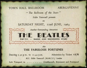 BEATLES Concert Ticket - Town Hall Abergavenny 1963 - 6"x4" reprint - Picture 1 of 1