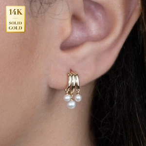 14K REAL Solid Gold Triple Pearl Hoop Earrings, Earlobe Snug Minimal Jewelry - Picture 1 of 4