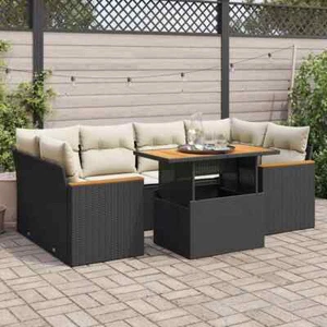 vidaXL 6 Piece Garden Sofa Set with Cushions Black Poly Rattan Acacia - Picture 1 of 13