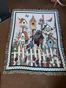 Gobelin Überwurf Decke Vögel, Bienen, Garten Vogelhäuser 64”x48” gewebte Fransen #bhc - Bild 1 von 13
