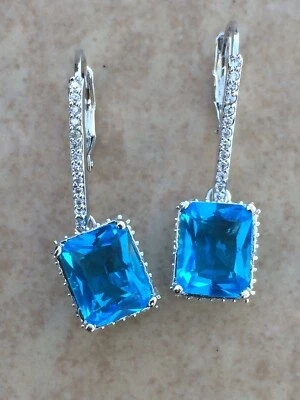 Pendientes colgantes chapados en rodio azul esmeralda circonita cúbica halo alambre euro Foto 1 de 3