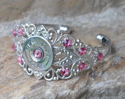 Remington 12 Gauge Shotgun Shell Bracelet Silver Plate 11 Rose Swarovski Crystal - Image 1 of 3