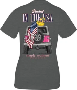Simply Southern Youth Tee Shirt Gray Pink Jeep Rubber Duck Ducked USA NEW - Picture 1 of 7