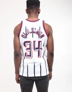 Mitchell Ness Rockets Hakeem Olajuwon 1996 NBA GOLD LOGO STRIPES Swingman Jersey - Picture 1 of 15