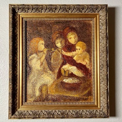 Pintura al óleo original Ruth Vamos - Niñas Bebé Soplando Burbujas 10x12 Tablero enmarcado Foto 1 de 4