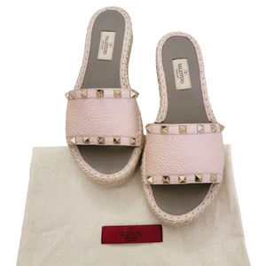 Valentino Rockstud Platform Pink Blush Leather Slides Sandals Espadrilles Flat 7 - Picture 1 of 11