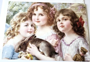 Vintage Greeting Card Blank Victorian Girls with Bunny Rabbit The Three Graces - Bild 1 von 2