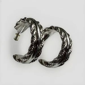 Vintage Cable Edged Half Hoop Silver Tone Huggie Earrings Posts - Picture 1 of 6