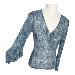 Vintage Fairycore Top Bell Sleeves Blue Paisley Floral Semi Sheer Y2K 90s Small - Picture 1 of 14