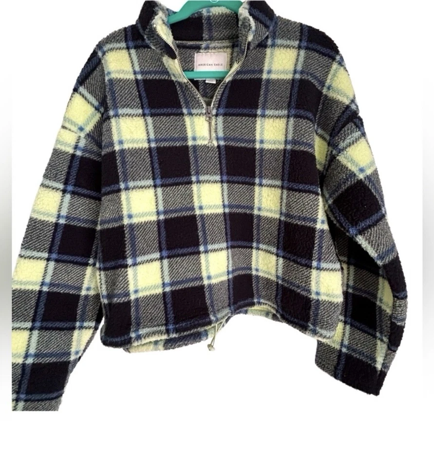 Jaqueta xadrez American Eagle cropped lã quarto de zíper verde marinho tamanho médio - Imagem 1 de 1